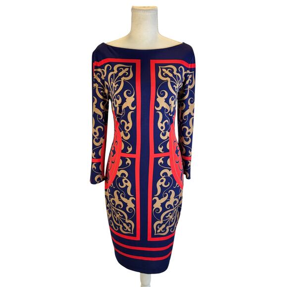 Cache Dresses & Skirts - Cache Bodycon Sheath Dress Baroque Navy Red Women’s Medium Boat Neck Geometric